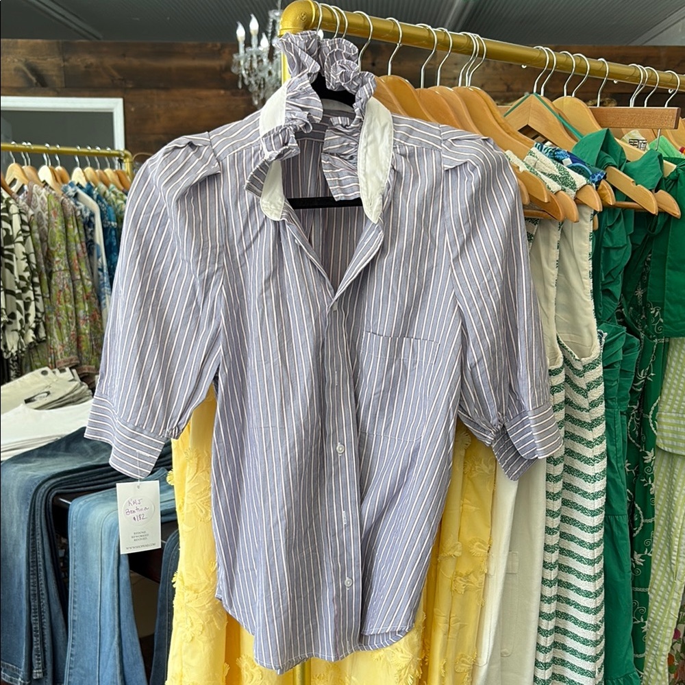 Striped Button-Up Shirt with Scrunchie